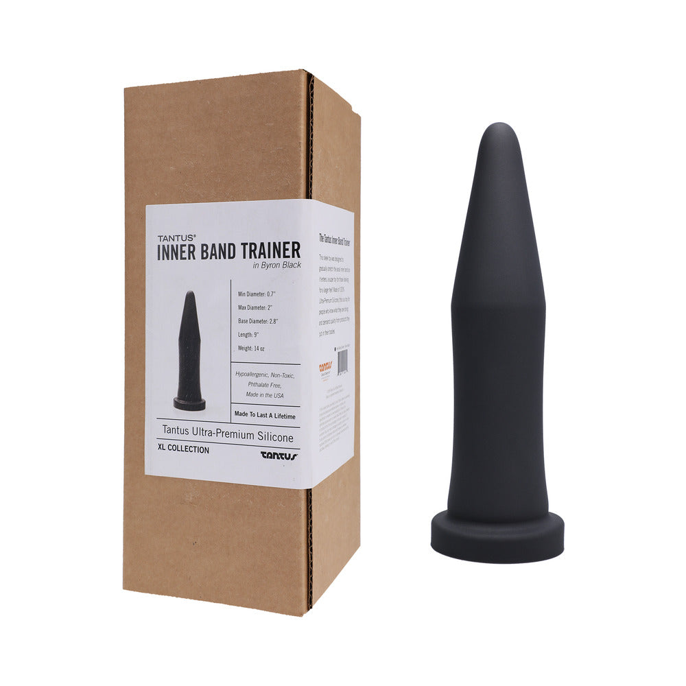 Tantus Inner Band Trainer Dildo Onyx in glossy black silicone with textured ridges