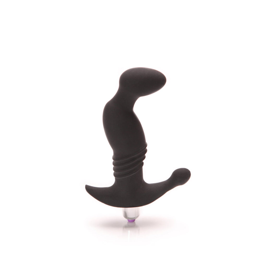 Tantus Prostate Play Onyx vibrating prostate massager with flexible shaft and bulbous tip on dark background