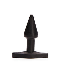 Tantus Stud Plug in Onyx anal plug shown with tapered tip and glossy black silicone finish against a soft background.
