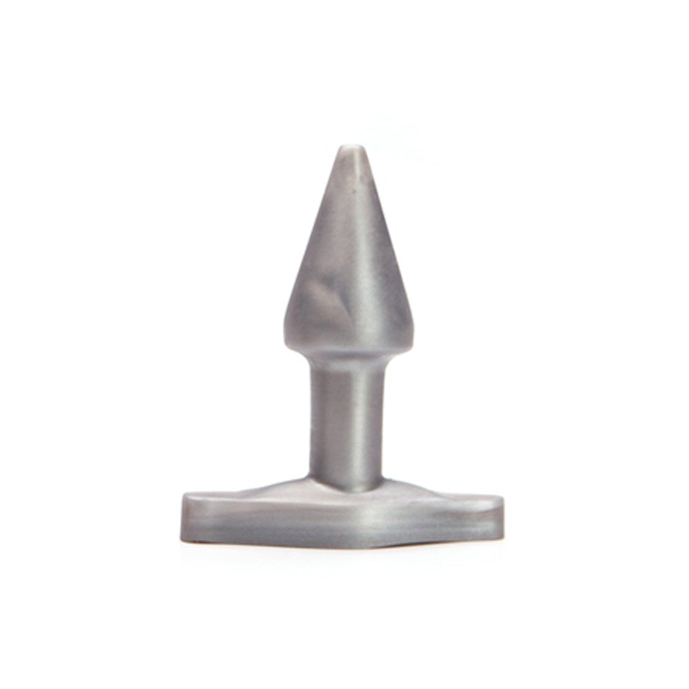 Tantus Stud Plug silver anal plug with tapered tip and flared base on white background