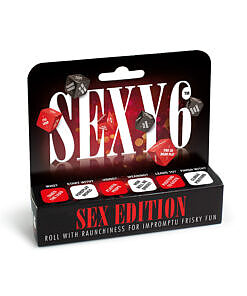 Two acrylic dice from the Sexy 6 Dice Game (Sex Edition) lying on a red satin sheet
