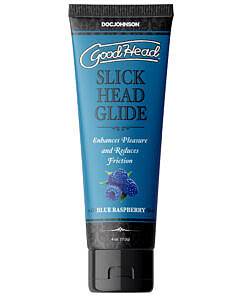 GoodHead Slick Head Glide Blue Raspberry 4 oz. Bulk bottle with vibrant blue liquid and branded labeling against a clean background.