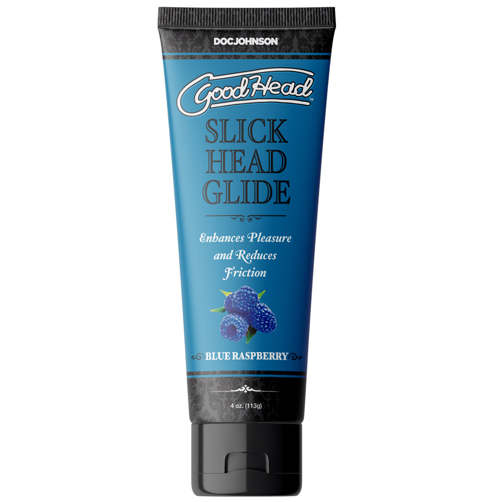 GoodHead Slick Head Glide Blue Raspberry 4 oz. Bulk bottle with vibrant blue liquid and branded labeling against a clean background.
