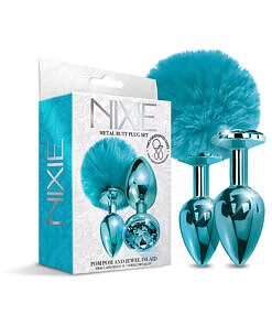 NIXIE Metal Butt Plug Set with metallic blue pom pom tail and jewel-inlaid plug in aluminum alloy