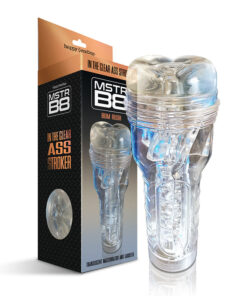 Clear MSTR B8 Anal Stroker canister with textured translucent tunnel and pleasure nubs on white background