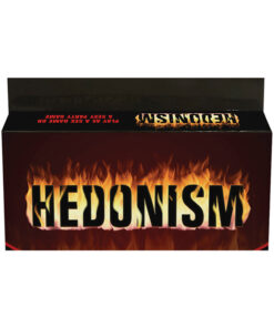 Hedonism Card Game box open with red and black playing cards fanned out