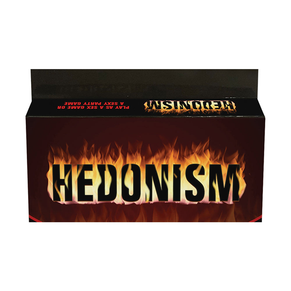 Hedonism Card Game box open with red and black playing cards fanned out