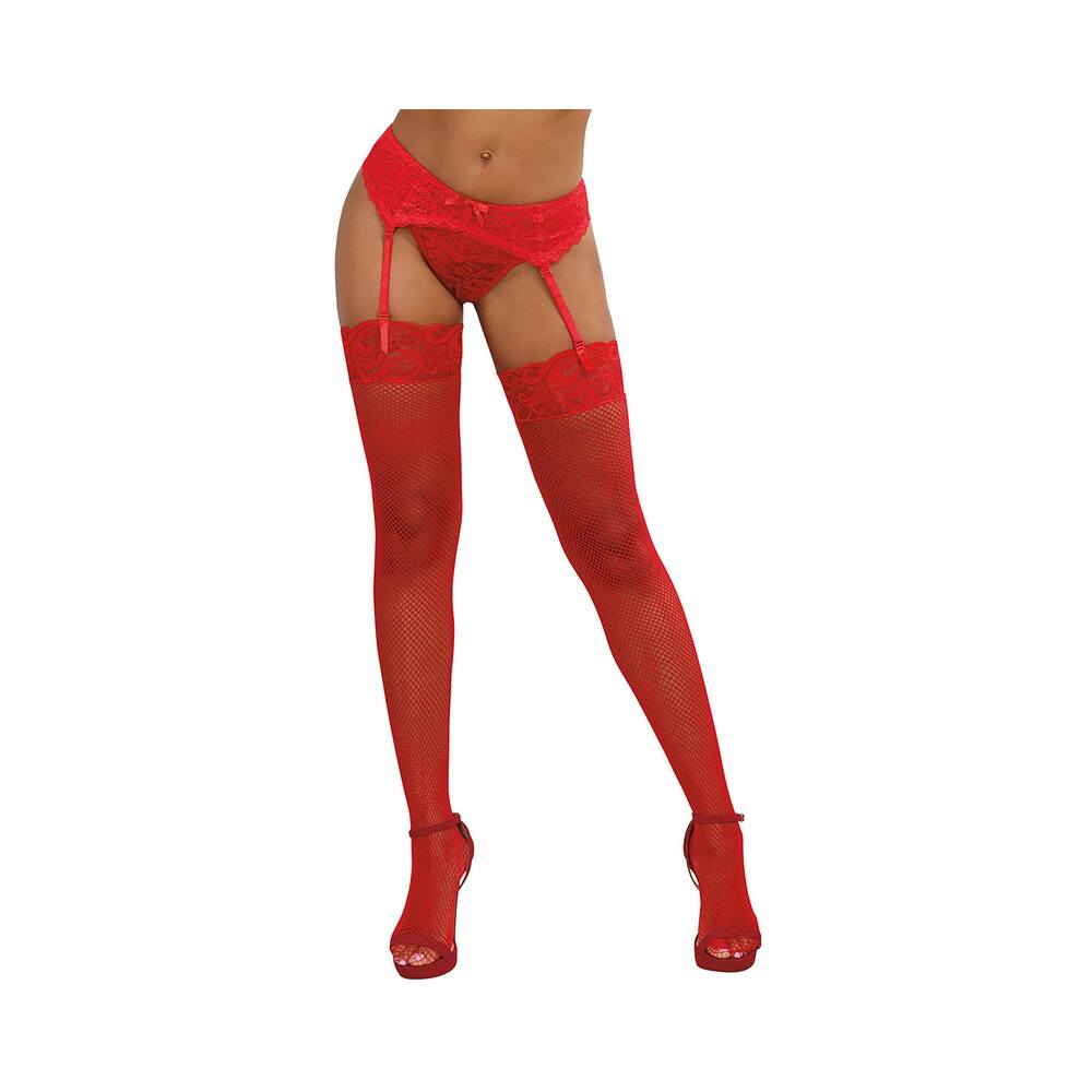 Dreamgirl fishnet thigh-high stockings in red