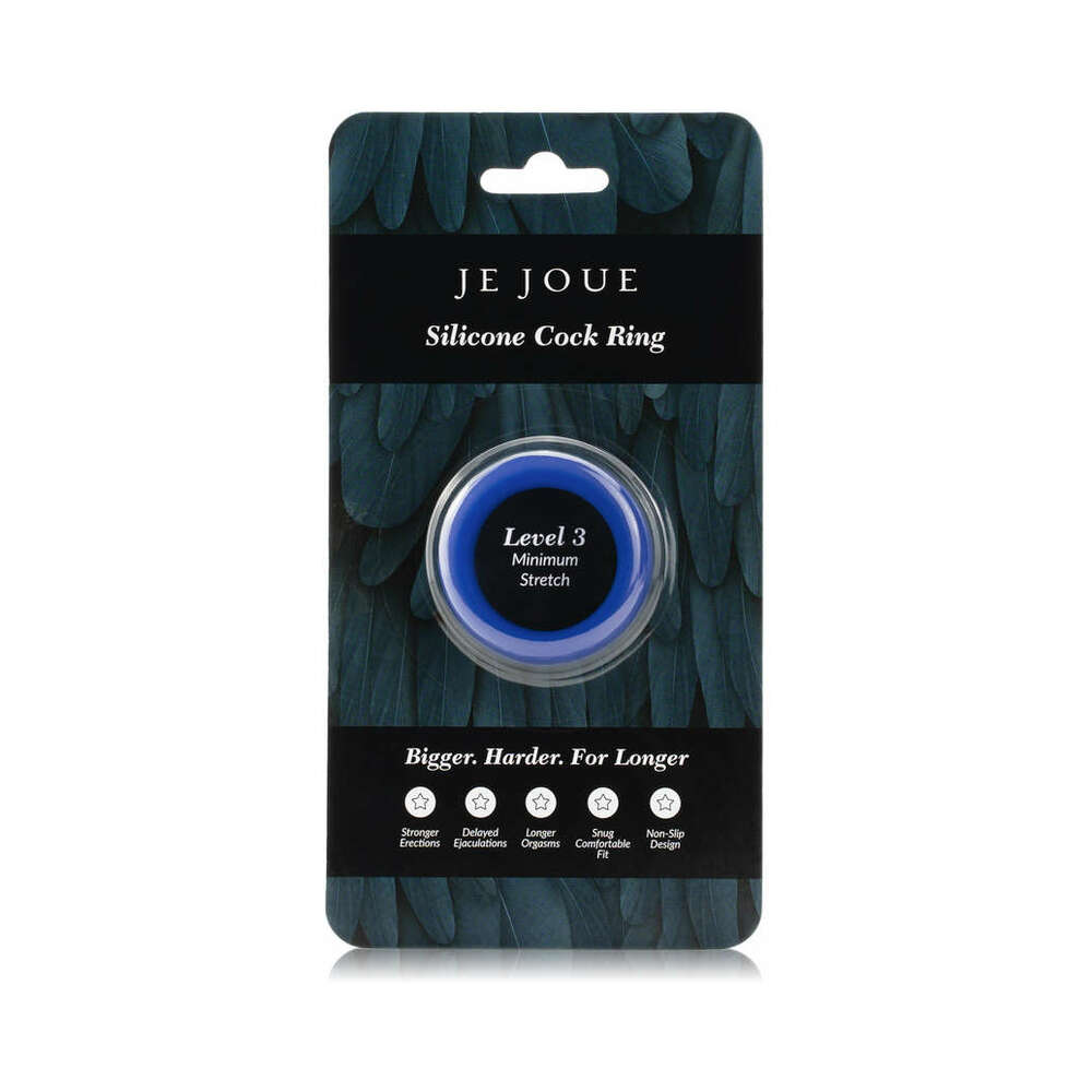 Je Joue Silicone Ring Minimum Stretch Blue showing flexible silicone texture and vibrant blue color on a neutral background.