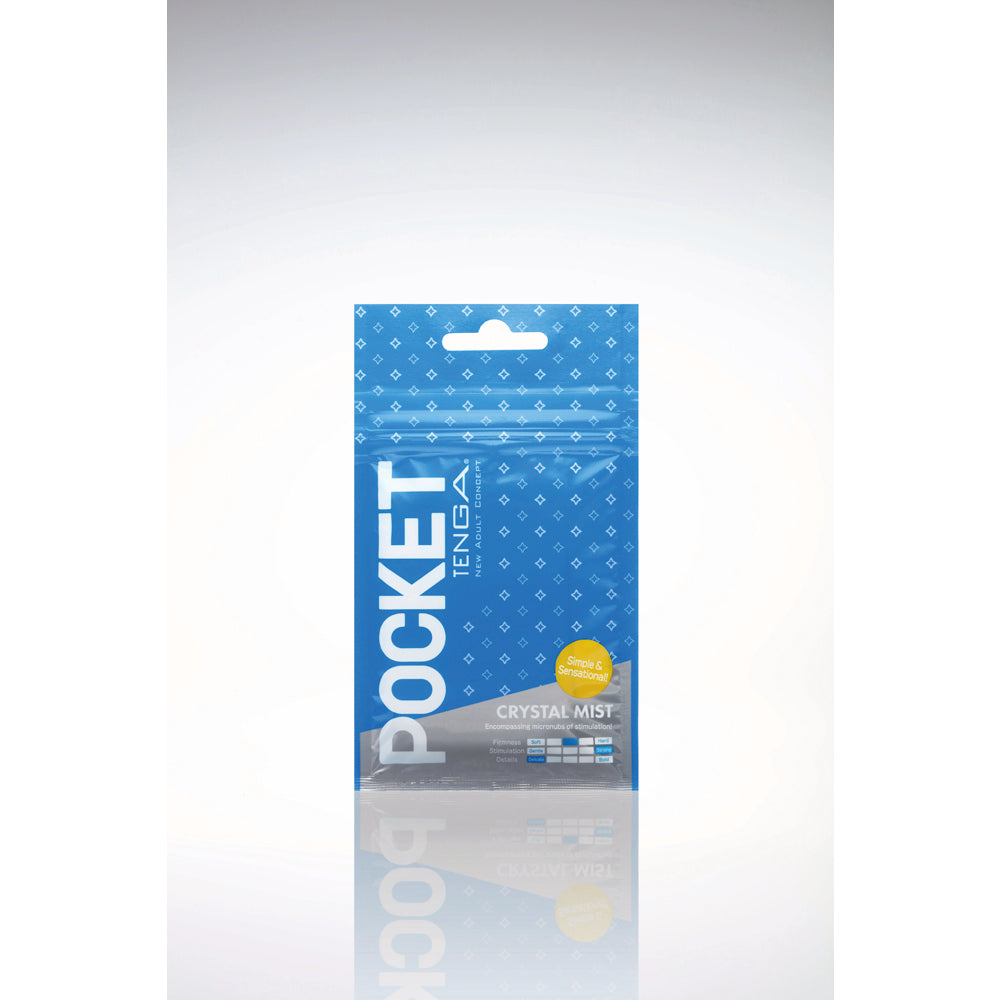 Tenga Pocket Masturbator Sleeve Crystal Mist compact white elastomer sleeve with textured opening shown on clean surface