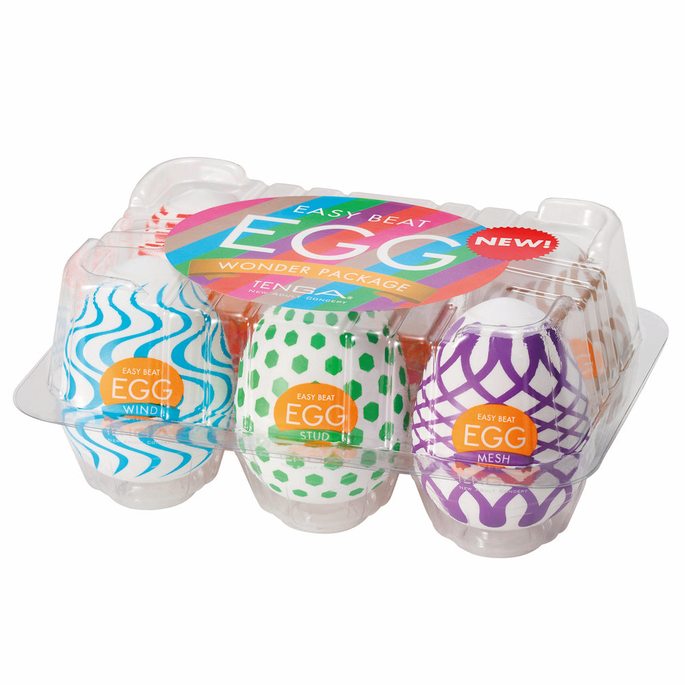 Tenga Egg Variety Pack Wonder 6 pcs box displaying six colorful textured egg sleeves against a white background.