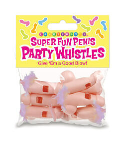 Penis Party Whistles 6-pack in assorted skin-tone shades with pink lanyard neck straps