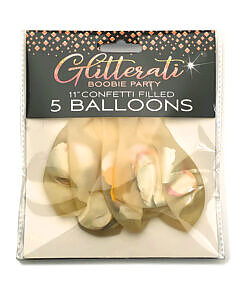 Five Glitterati Boobie Party Confetti Balloons with soft glitter and metallic breast designs on a party table