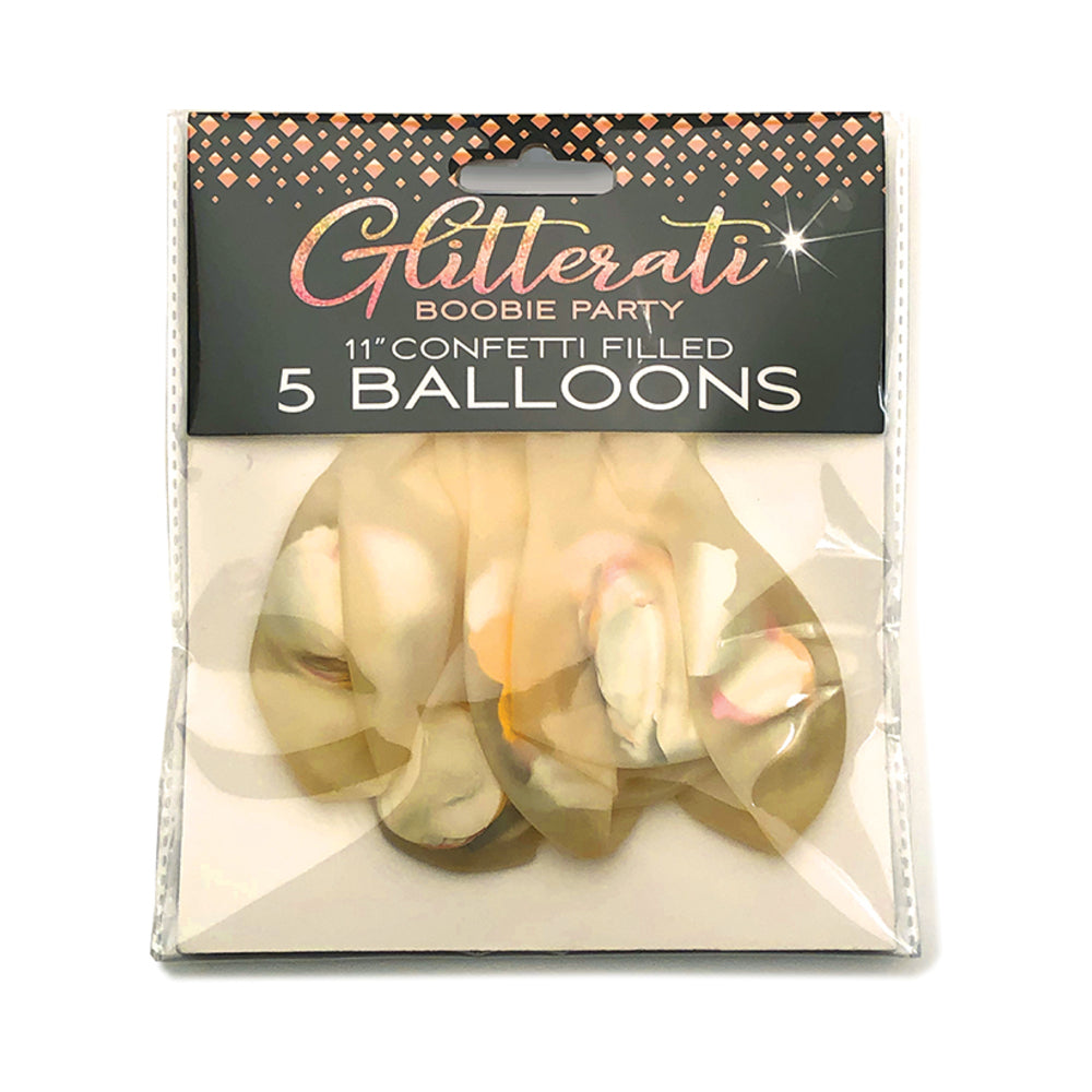 Five Glitterati Boobie Party Confetti Balloons with soft glitter and metallic breast designs on a party table