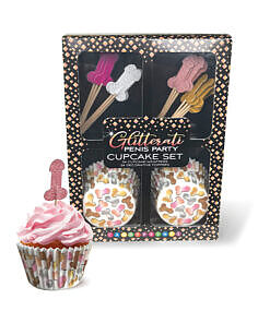 Glitterati Penis Party Cupcake Set with gold and rose gold glitter toppers on frosted cupcakes