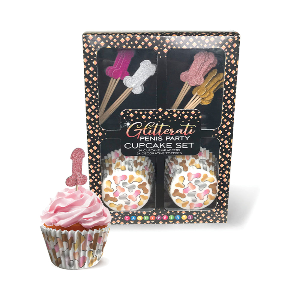 Glitterati Penis Party Cupcake Set with gold and rose gold glitter toppers on frosted cupcakes