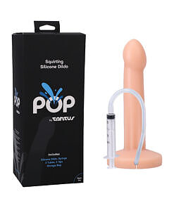 Tantus POP Squirting Dildo Cream with handheld syringe and three tips on a white background.