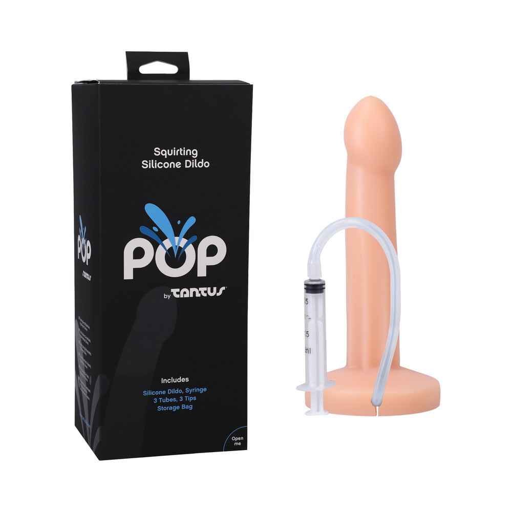 Tantus POP Squirting Dildo Cream with handheld syringe and three tips on a white background.