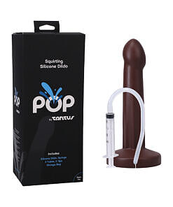 Tantus POP Squirting Dildo Espresso - Silicone squirting dildo with syringe and tips.