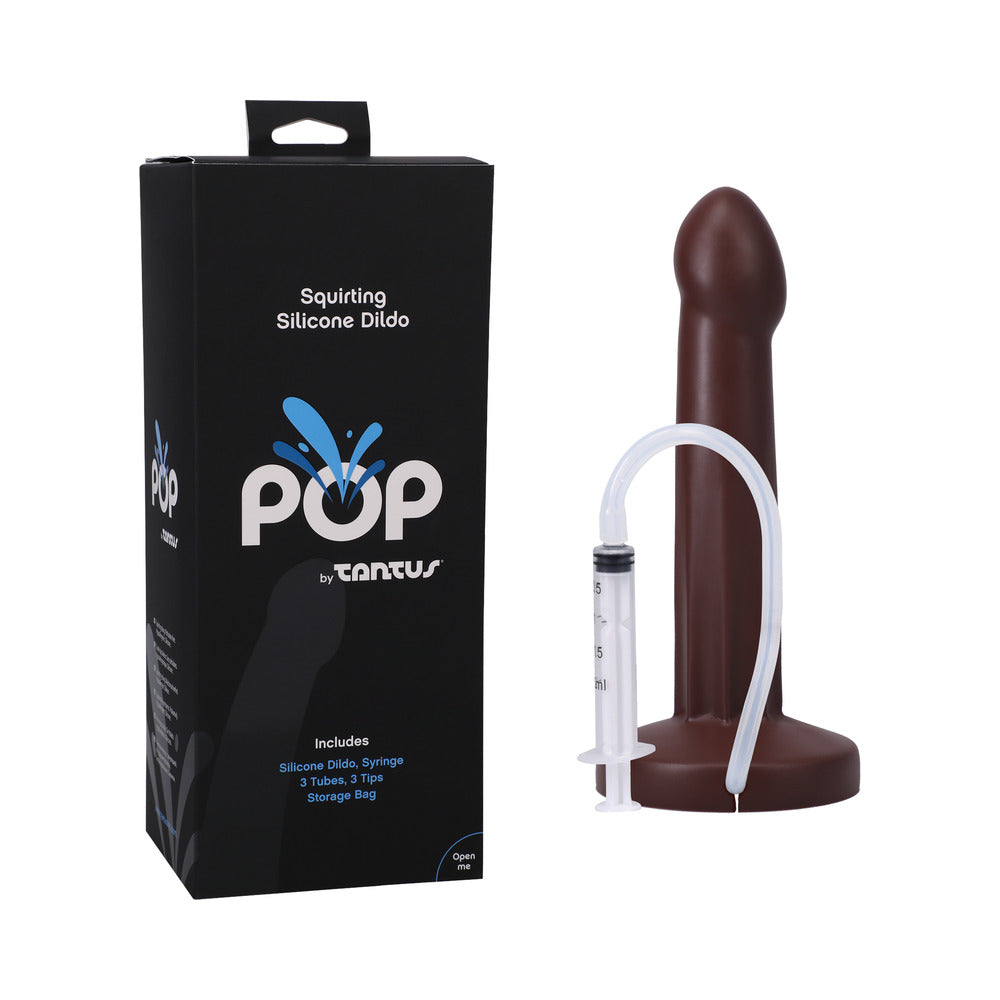 Tantus POP Squirting Dildo Espresso - Silicone squirting dildo with syringe and tips.