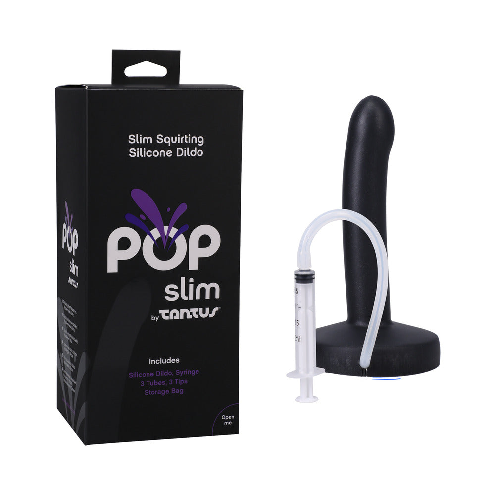 Tantus POP Slim Squirting Dildo Midnight featuring a sleek slim shaft and realistic tip