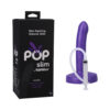 Tantus POP Slim Squirting Dildo in Indiglow with slim profile and visible tip-and-tube mechanism on white background