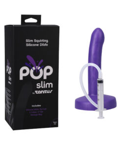 Tantus POP Slim Squirting Dildo in Indiglow with slim profile and visible tip-and-tube mechanism on white background