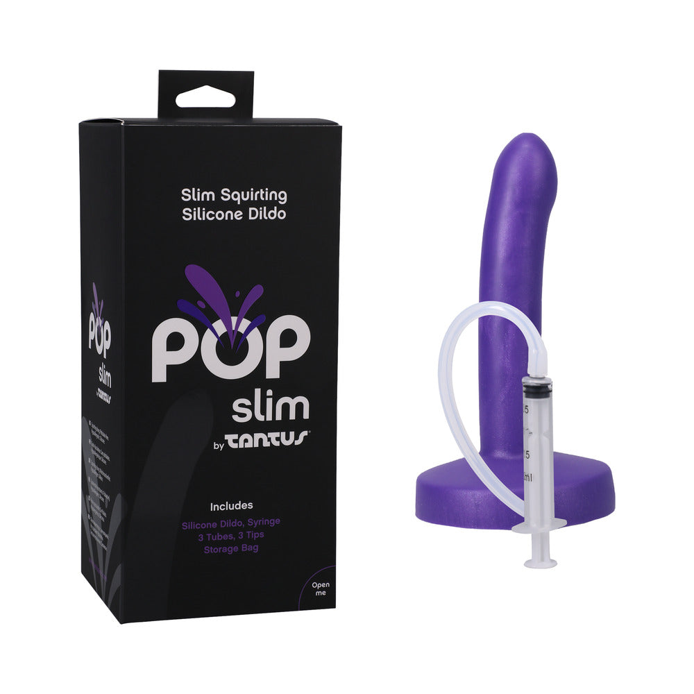Tantus POP Slim Squirting Dildo in Indiglow with slim profile and visible tip-and-tube mechanism on white background