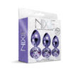 Nixie Metal Butt Plug Trainer Set purple metallic finish three graduated sizes aligned side by side on white