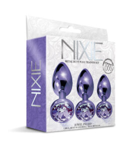 Nixie Metal Butt Plug Trainer Set purple metallic finish three graduated sizes aligned side by side on white