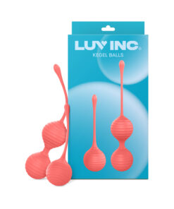 Two coral ribbed silicone Kegel balls
