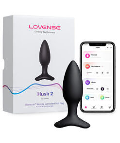 Lovense Hush 2 vibrating butt plug in small size shown on white surface with smooth teardrop shape and rose-gold accent.