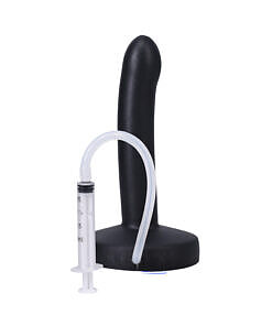 a silicone squirting dildo with 3 tips and bag on neutral surface.