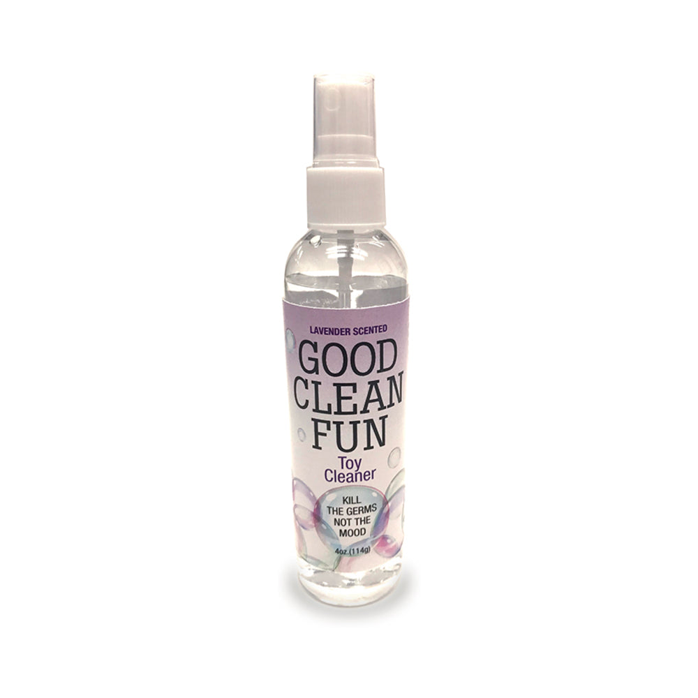 Good Clean Fun Lavender toy cleaner spray 118 ml bottle on a clean bathroom surface with soft natural light