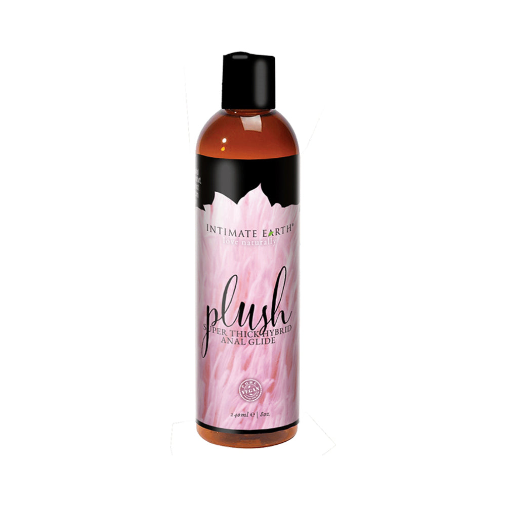 Intimate Earth Plush Hybrid Anal Glide 240 ml bottle with thick creamy lubricant texture and licorice root infusion.