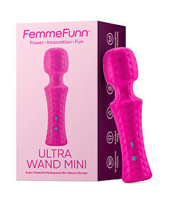 FemmeFunn Ultra Wand Mini pink silicone rechargeable vibrator with flexible head and hexagonal texture on white background.