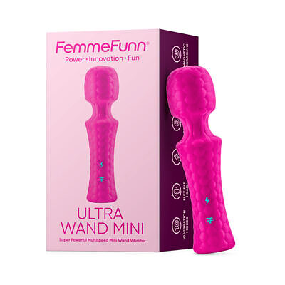 FemmeFunn Ultra Wand Mini pink silicone rechargeable vibrator with flexible head and hexagonal texture on white background.