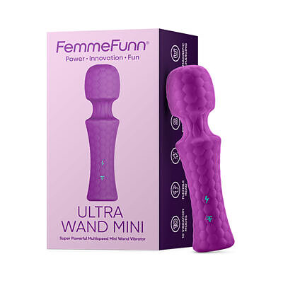 FemmeFunn Ultra Wand Mini purple silicone vibrator with flexible neck and magnetic USB charging cable