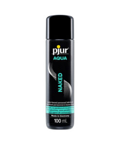 Pjur Aqua Naked Water-Based Personal Lubricant 3.4 oz bottle beside a subtle splash of water on a soft gray background.