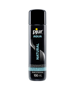 Pjur Aqua Natural water-based personal lubricant bottle on a clean bathroom counter with a soft shadow.