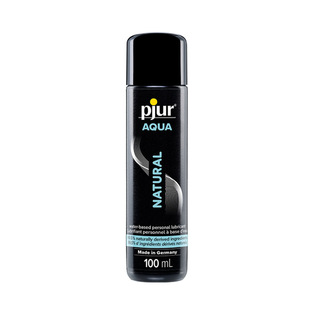 Pjur Aqua Natural water-based personal lubricant bottle on a clean bathroom counter with a soft shadow.