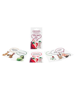 Sexy Santa Says game box with naughty cards fanned out over a red velvet cloth with a Santa hat and mistletoe accent.