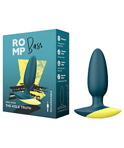ROMP Bass Rechargeable Silicone Vibrating Anal Plug in dark green with magnetic charging cable against a clean background.