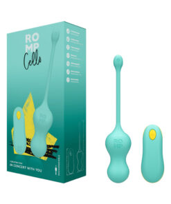 Light teal silicone ROMP Cello remote-controlled G-spot egg vibrator on a white background with remote control