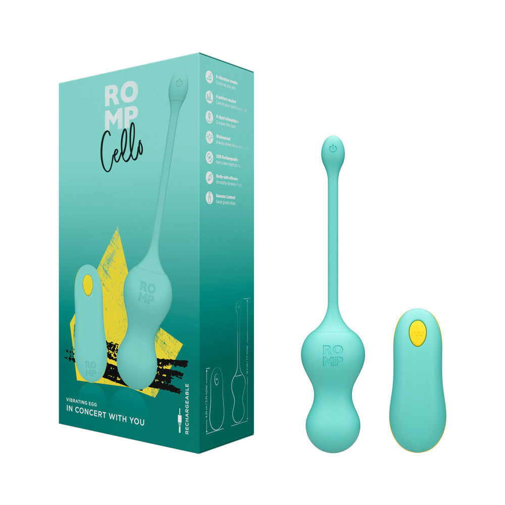 Light teal silicone ROMP Cello remote-controlled G-spot egg vibrator on a white background with remote control