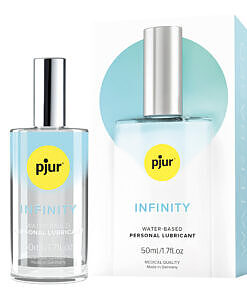 Pjur Infinity water-based personal lubricant bottle on a soft blue background