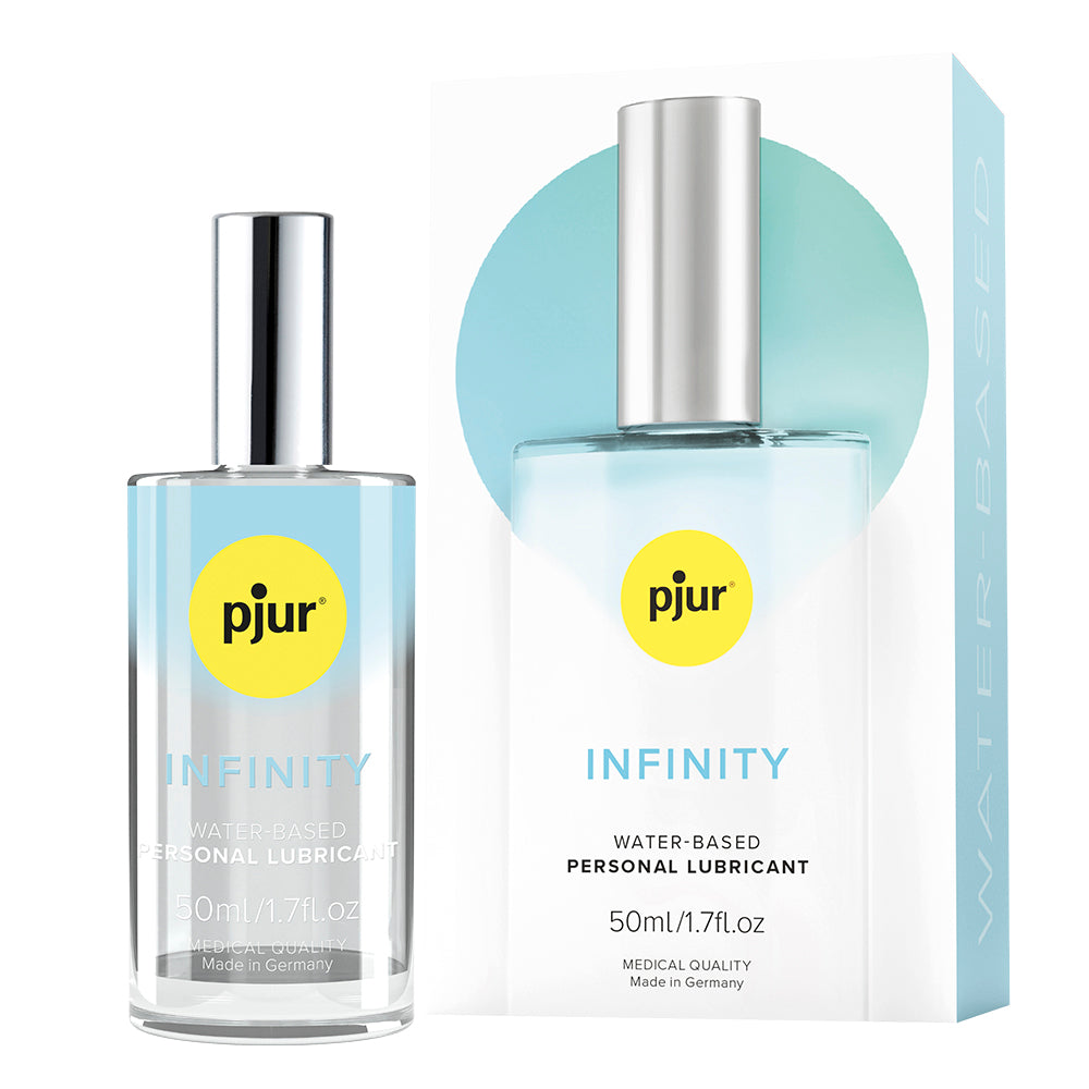 Pjur Infinity water-based personal lubricant bottle on a soft blue background