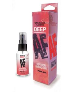Deep AF Watermelon Flavored Deep Throat Numbing Spray 1 oz bottle with fine mist sprayer on a watermelon background.