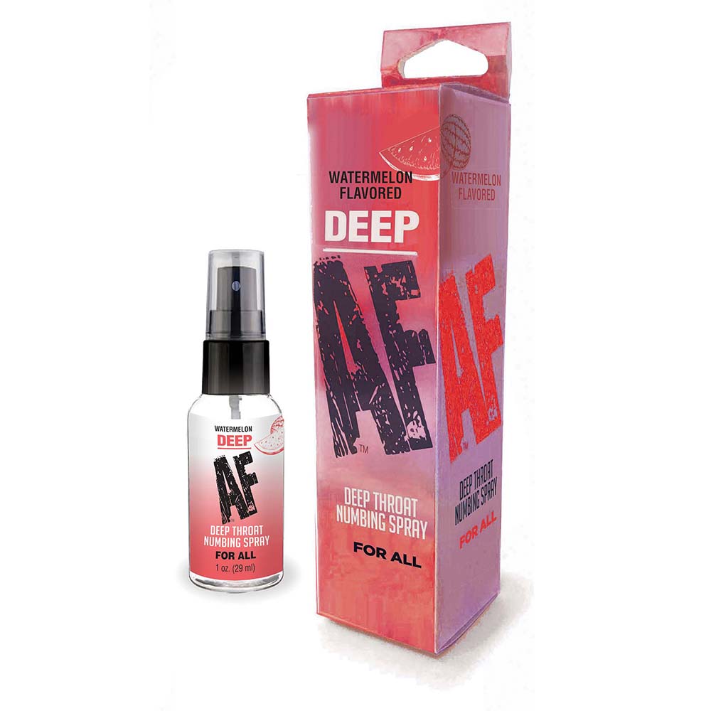 Deep AF Watermelon Flavored Deep Throat Numbing Spray 1 oz bottle with fine mist sprayer on a watermelon background.