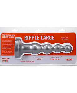 Tantus Ripple Large silver anal beads dildo with four graduating smooth beads and flared base on a white background.